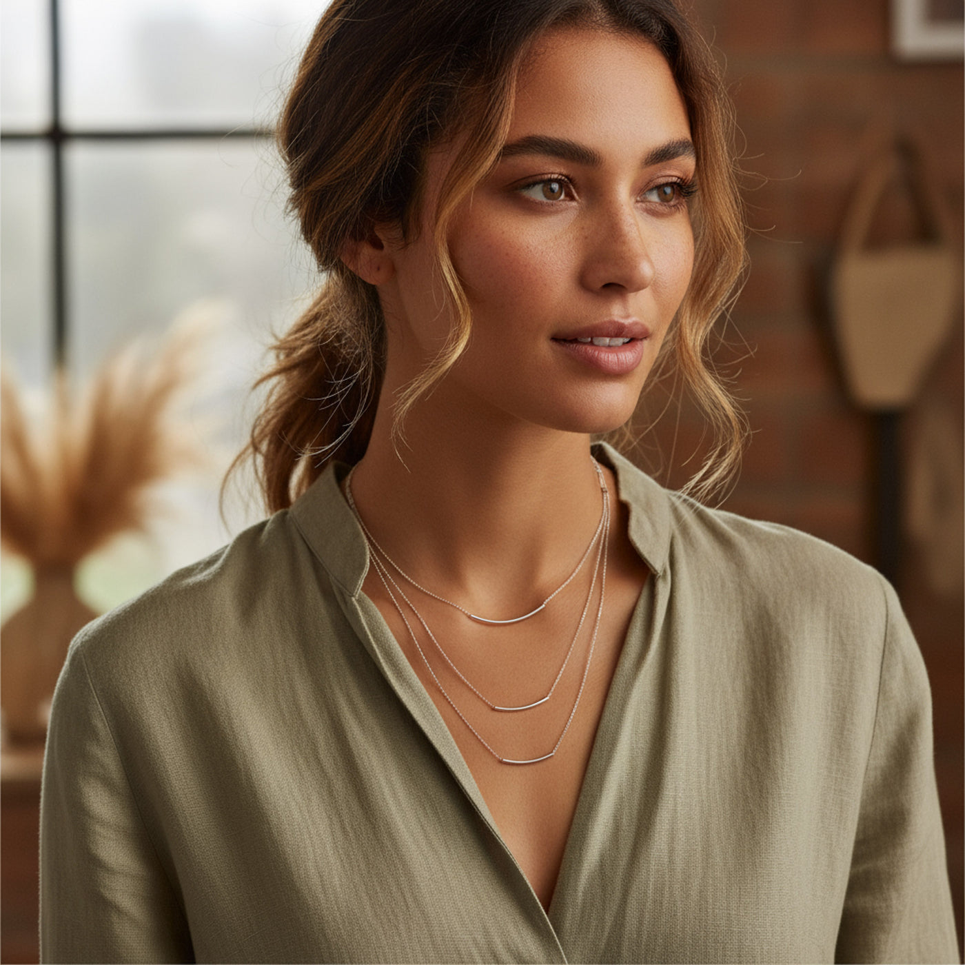 Layered Three Strand Chain Necklace Curved Bar Silver