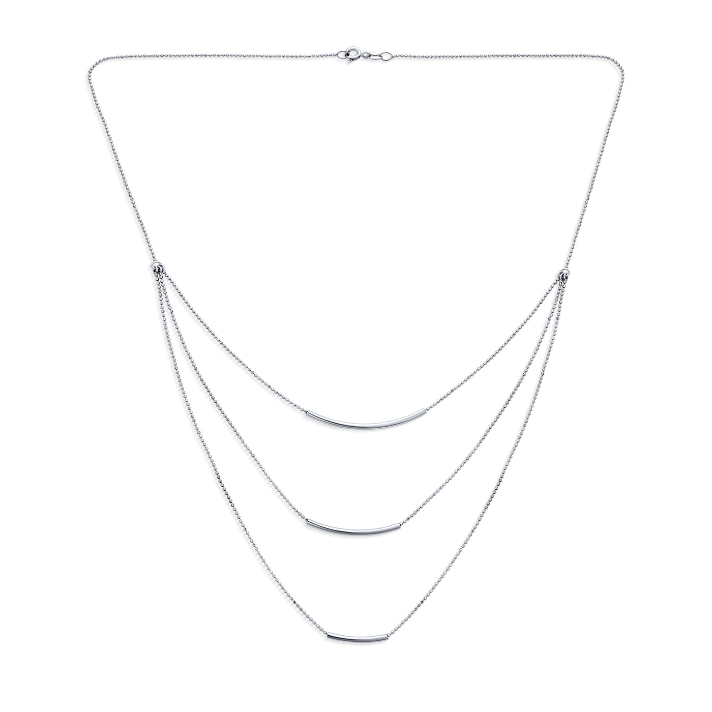 Layered Three Strand Chain Necklace Curved Bar .925 Sterling Silver