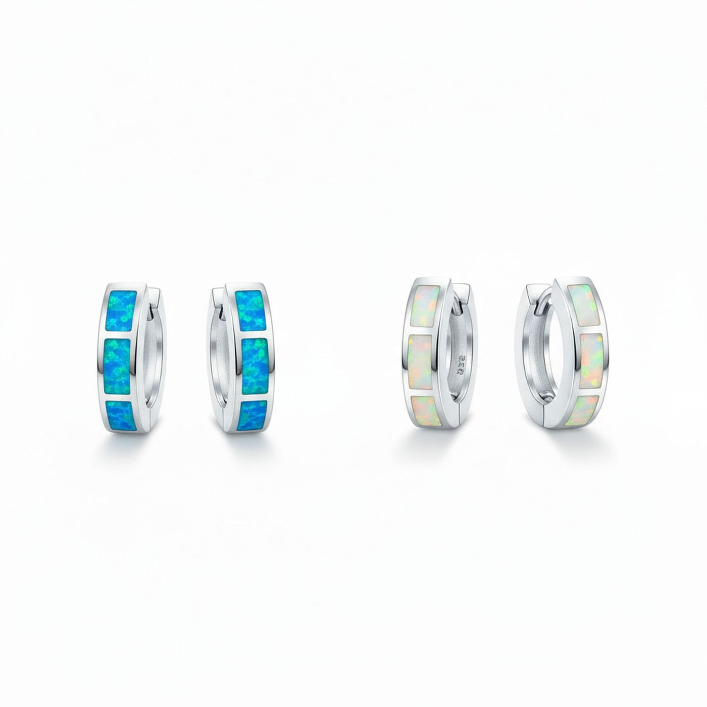 Set of 2 White & Blue Created Opal Gemstone Huggie Hoop Earrings Sterling Silver