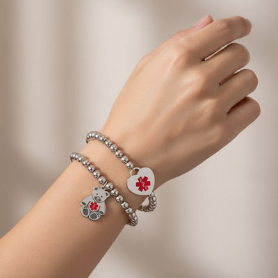 Set of 2 Medical ID Bracelet Teddy Bear & Heart Charm Silver Tone Beads