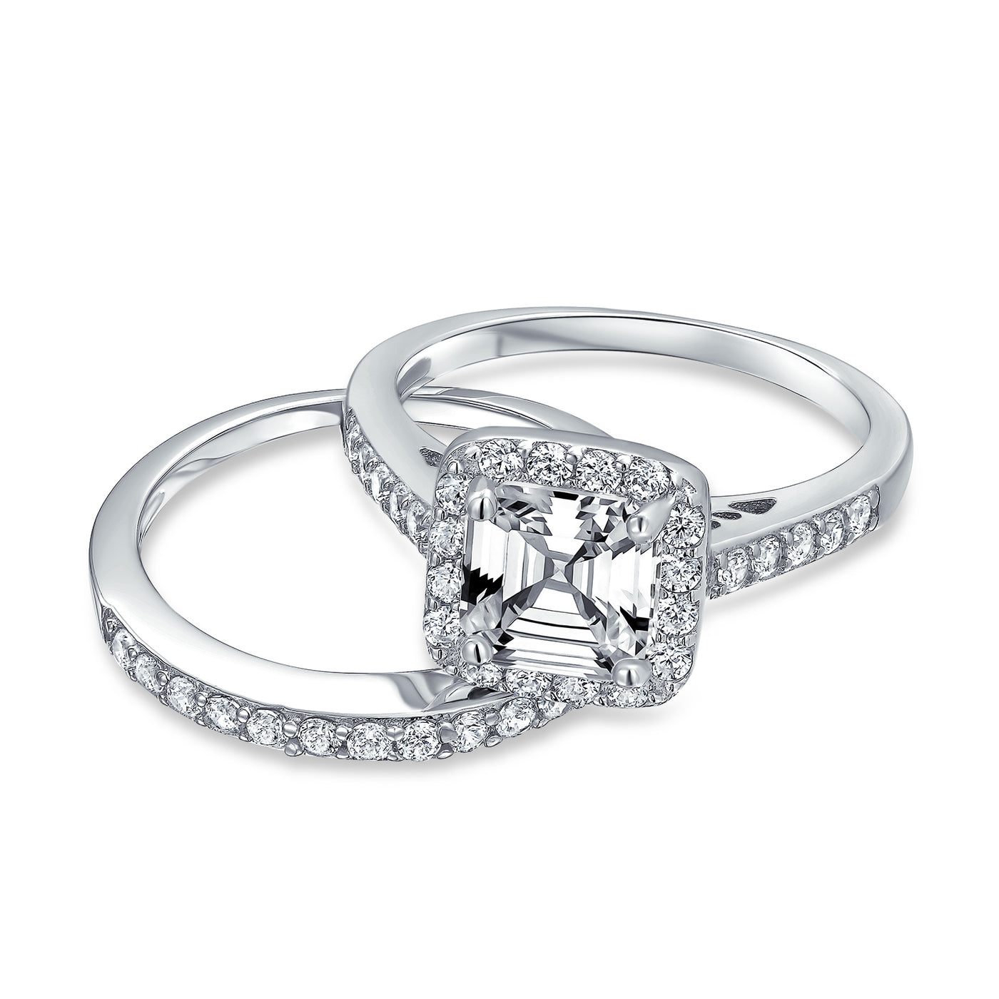 Art Deco 2CT Asscher Cut Square Halo CZ Engagement Wedding Ring Set Silver