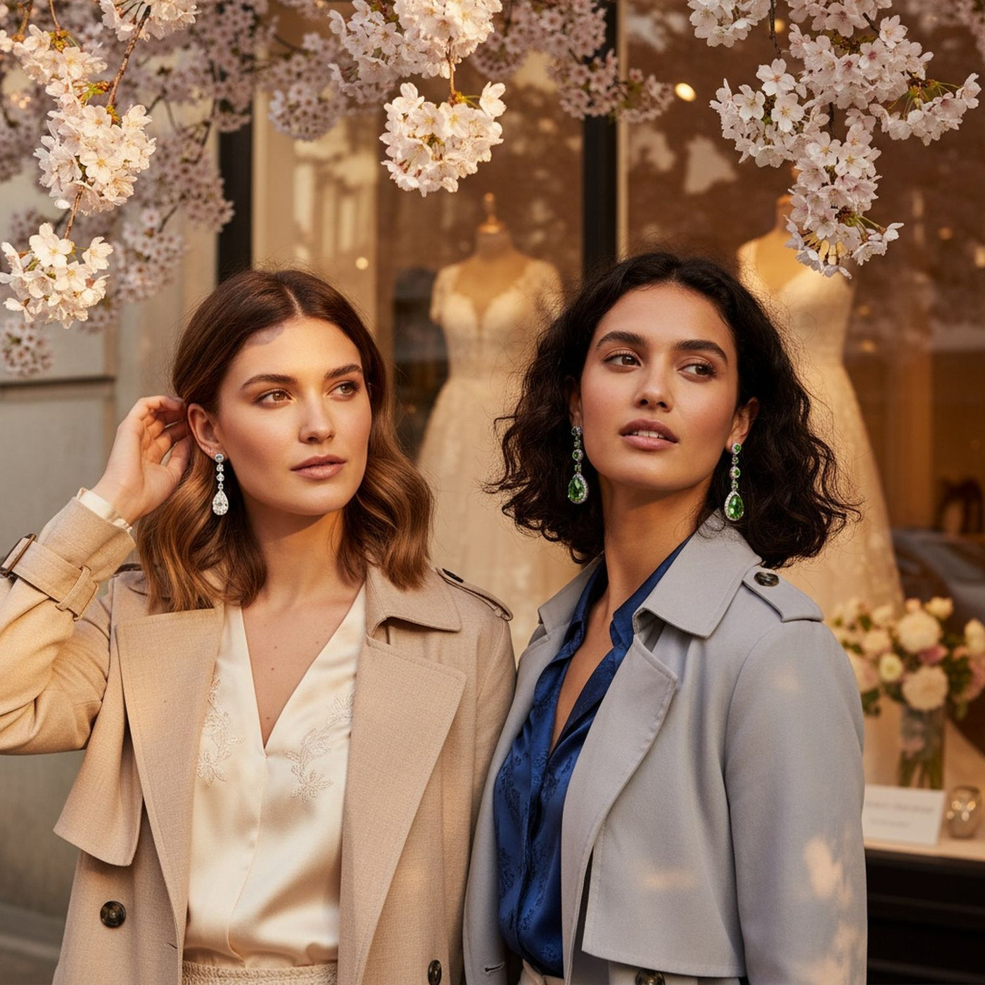 Set of 2 Clear & Green CZ Teardrop Dangle Chandelier Earrings Sterling Silver