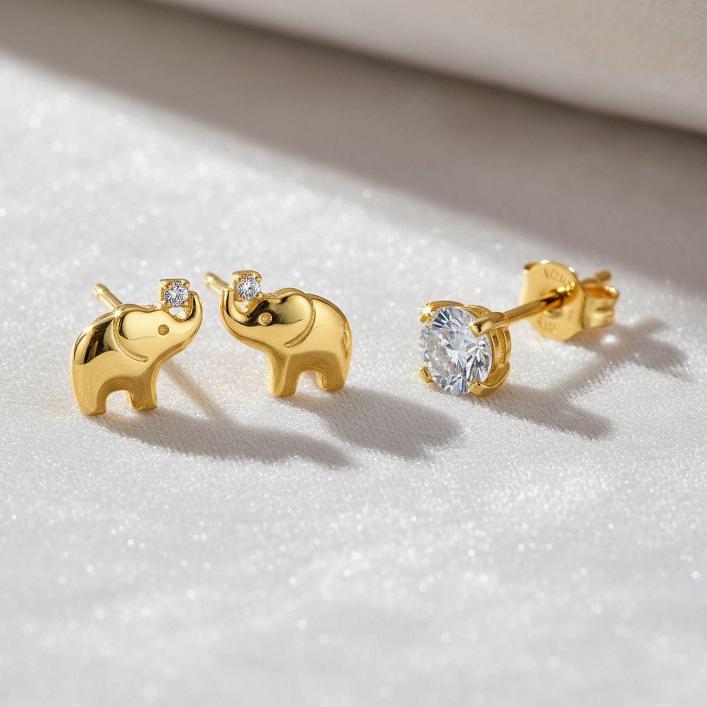 Set of 2 Tiny Lucky Elephant & Round CZ Stud Earrings 14K Yellow Gold Screw Back