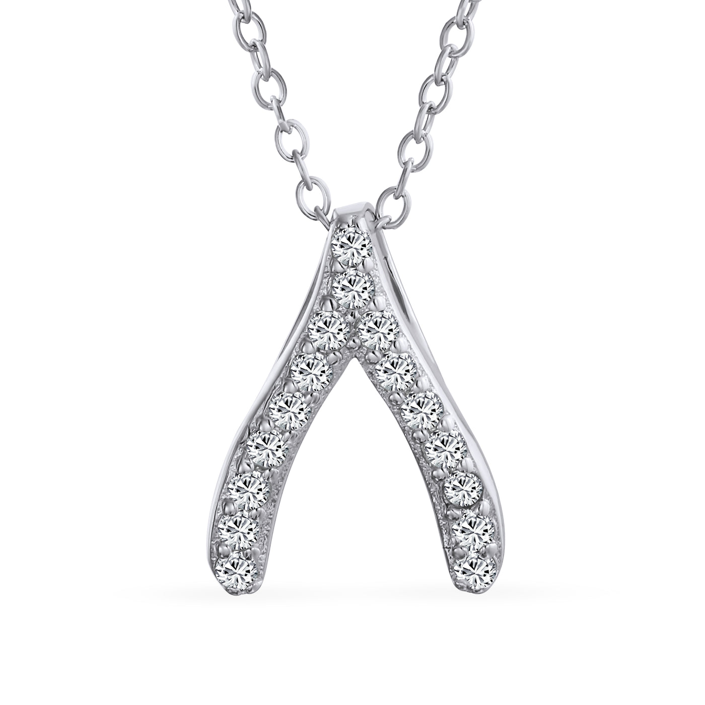 Solid Sterling Silver Good Luck Charm Wish Bone Pave Pendant Necklace