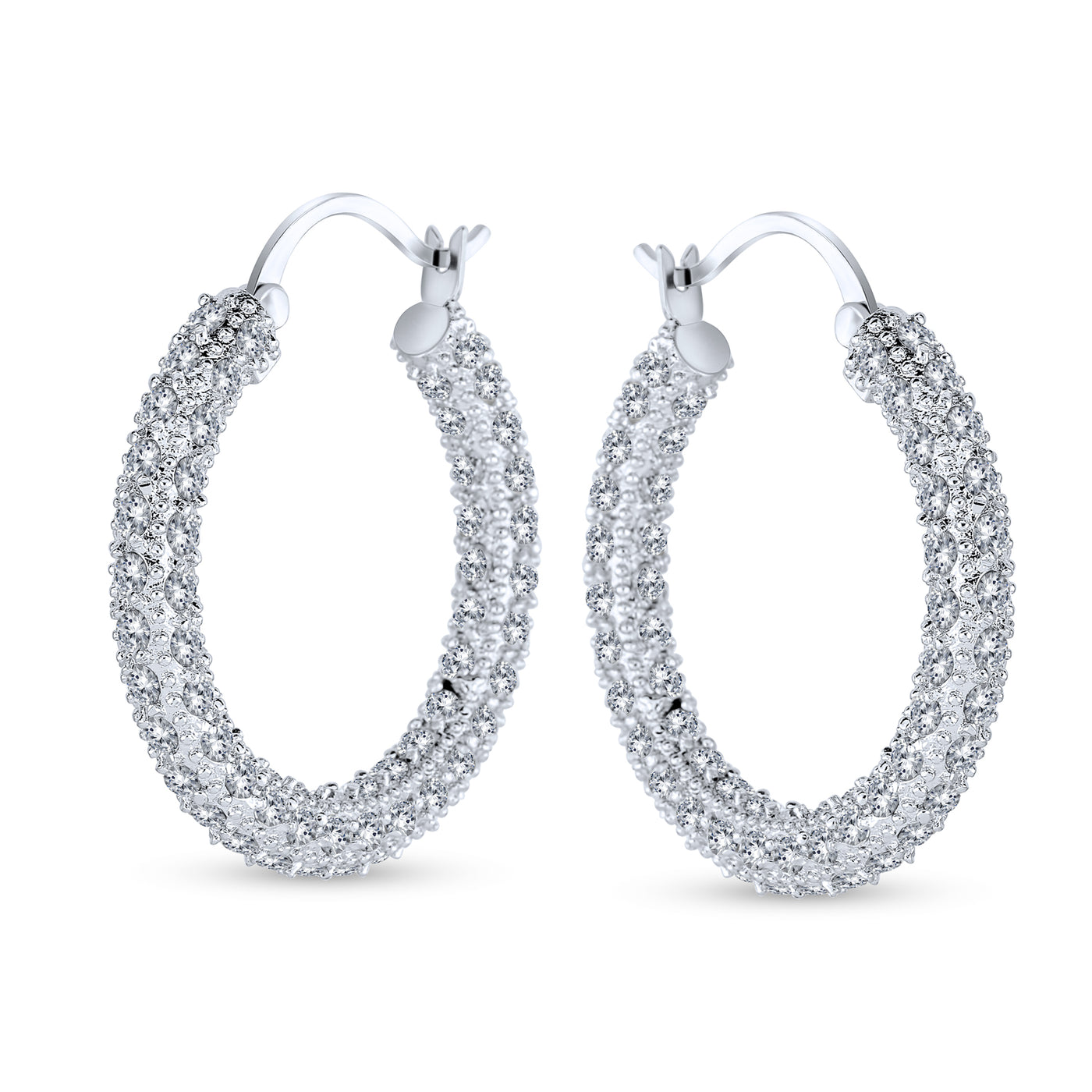 Bridal Pave CZ Encrusted Prom Statement Hoop Earring Silver Plated