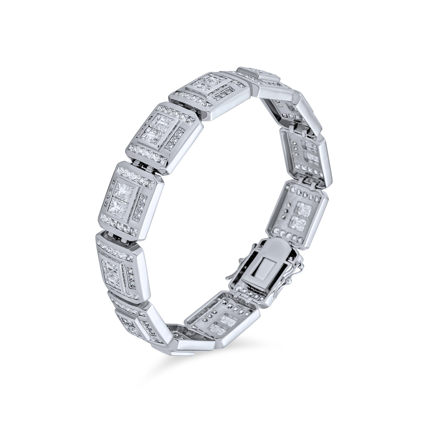 Men’s Iced Out CZ Heavy Hip Hop Big Square Link Statement Bracelet Silver Plated
