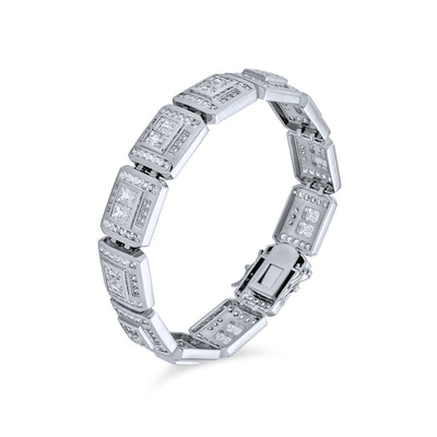 Men’s Iced Out CZ Heavy Hip Hop Big Square Link Statement Bracelet Silver Plated