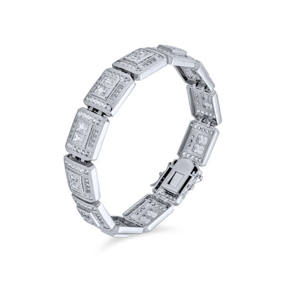 Mens Bling Statement Invisible Cut AAA CZ Link Bracelet Silver Plated