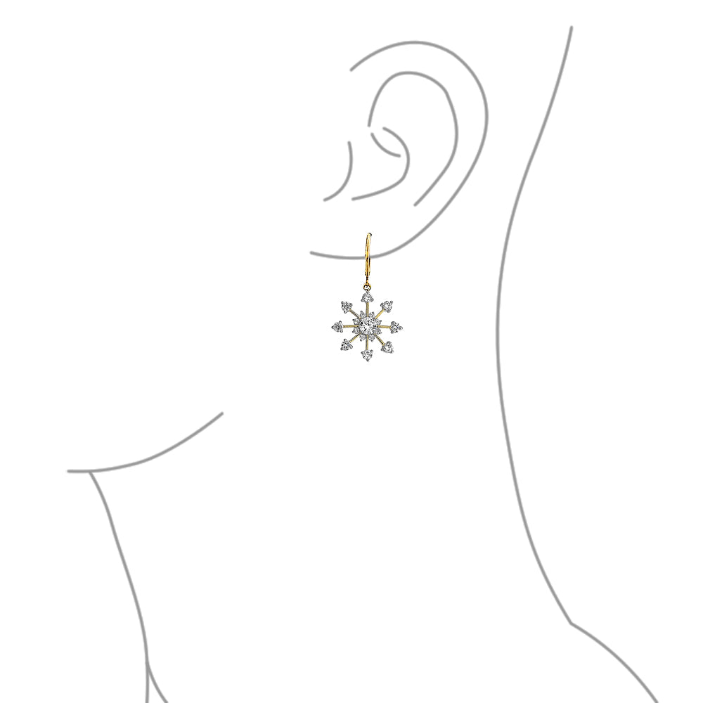 Christmas Lever back Winter CZ Snowflake Dangle Earrings Gold Plated