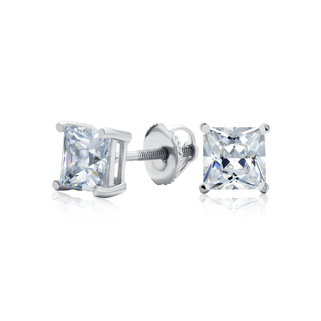 Men's Sterling Silver 925 Cubic Zirconia 9mm Square Screw-Back Earrings In Box