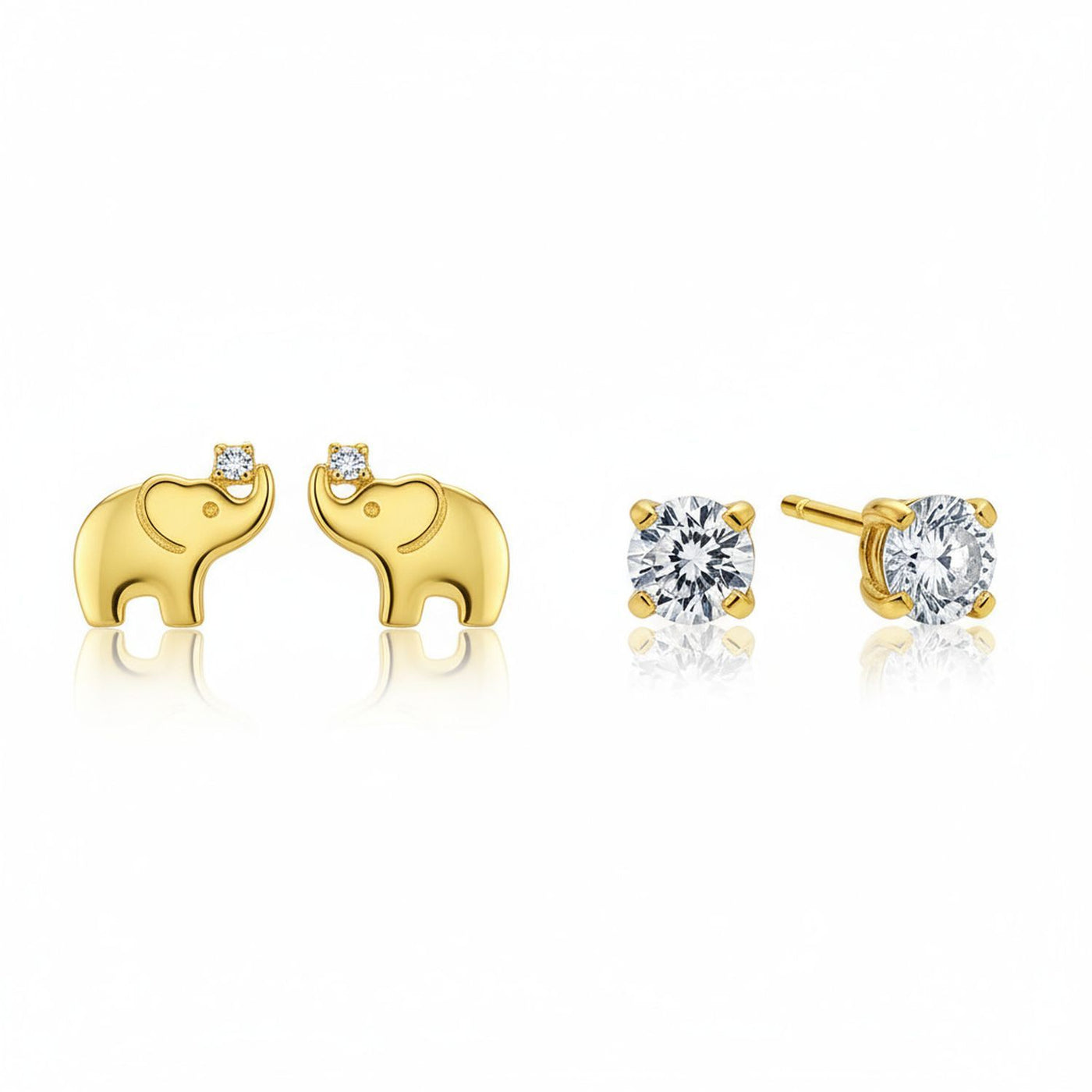 Set of 2 Tiny Lucky Elephant & Round CZ Stud Earrings 14K Yellow Gold Screw Back