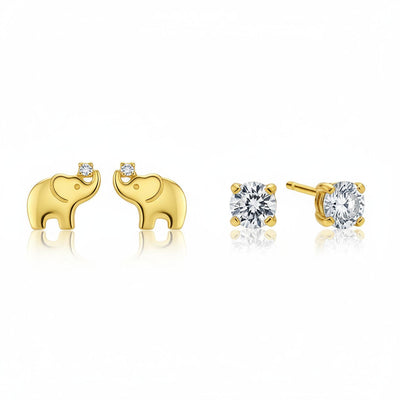 Set of 2 Tiny Lucky Elephant & Round CZ Stud Earrings 14K Yellow Gold Screw Back