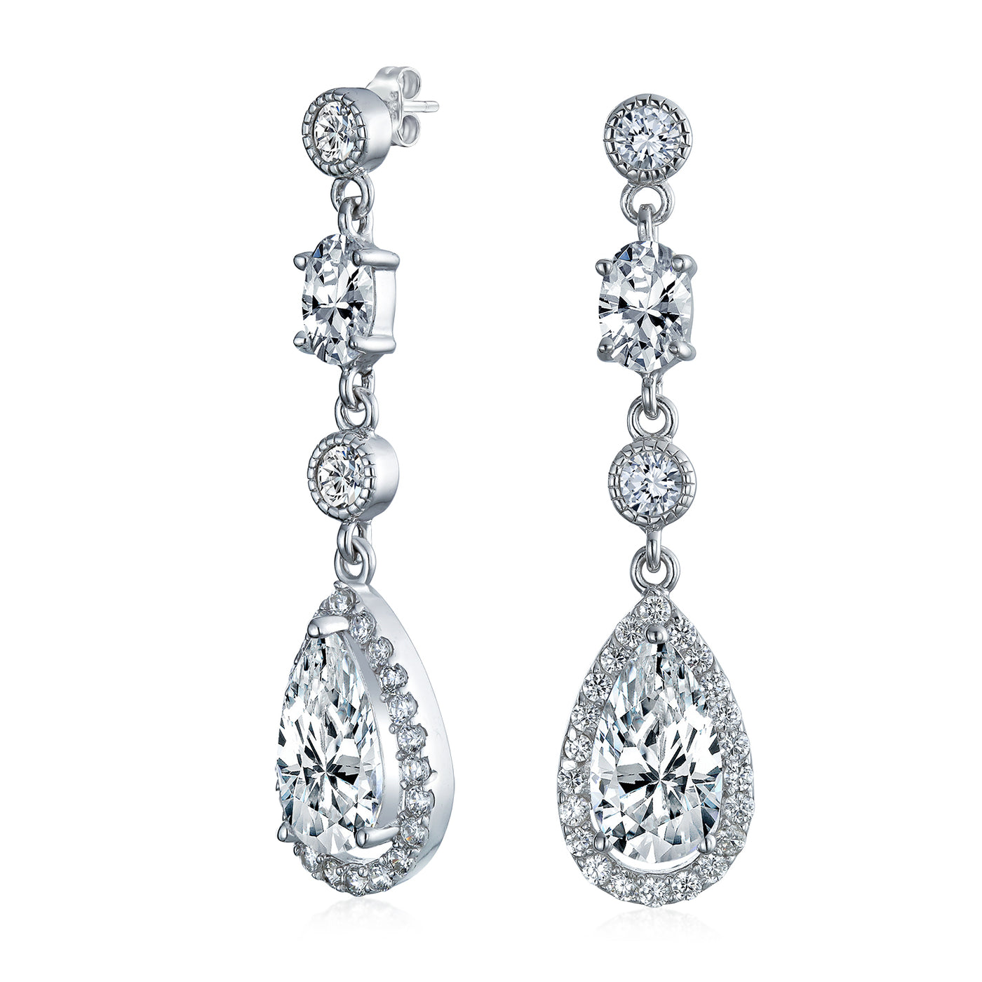 Set of 2 Clear & Green CZ Teardrop Dangle Chandelier Earrings Sterling Silver