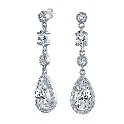 Set of 2 Clear & Green CZ Teardrop Dangle Chandelier Earrings Sterling Silver