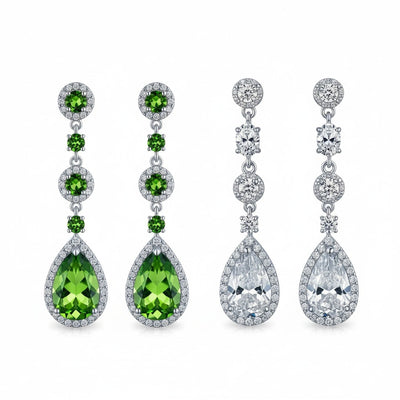 Set of 2 Clear & Green CZ Teardrop Dangle Chandelier Earrings Sterling Silver