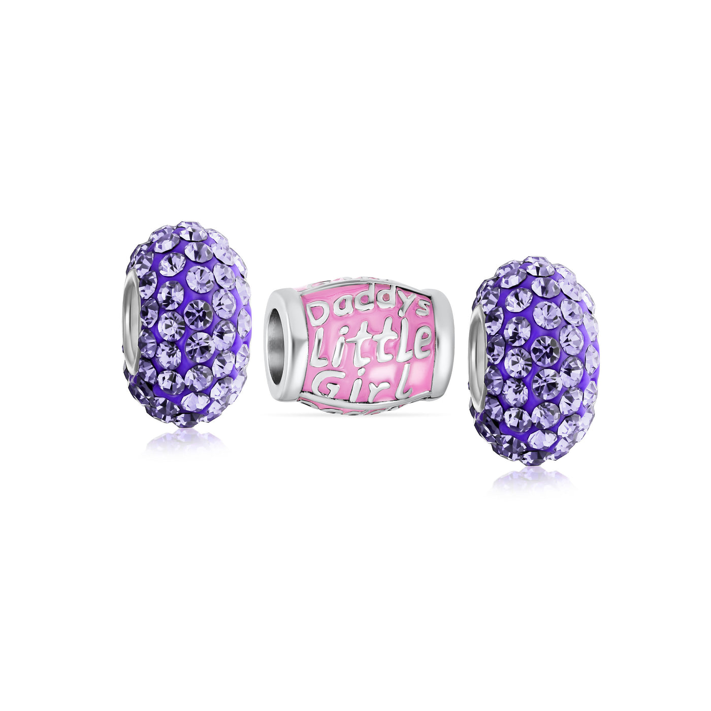 Set of 3 Daddy's Little Girl Solid Lilac Purple Crystal Spacer Charm Bead Silver