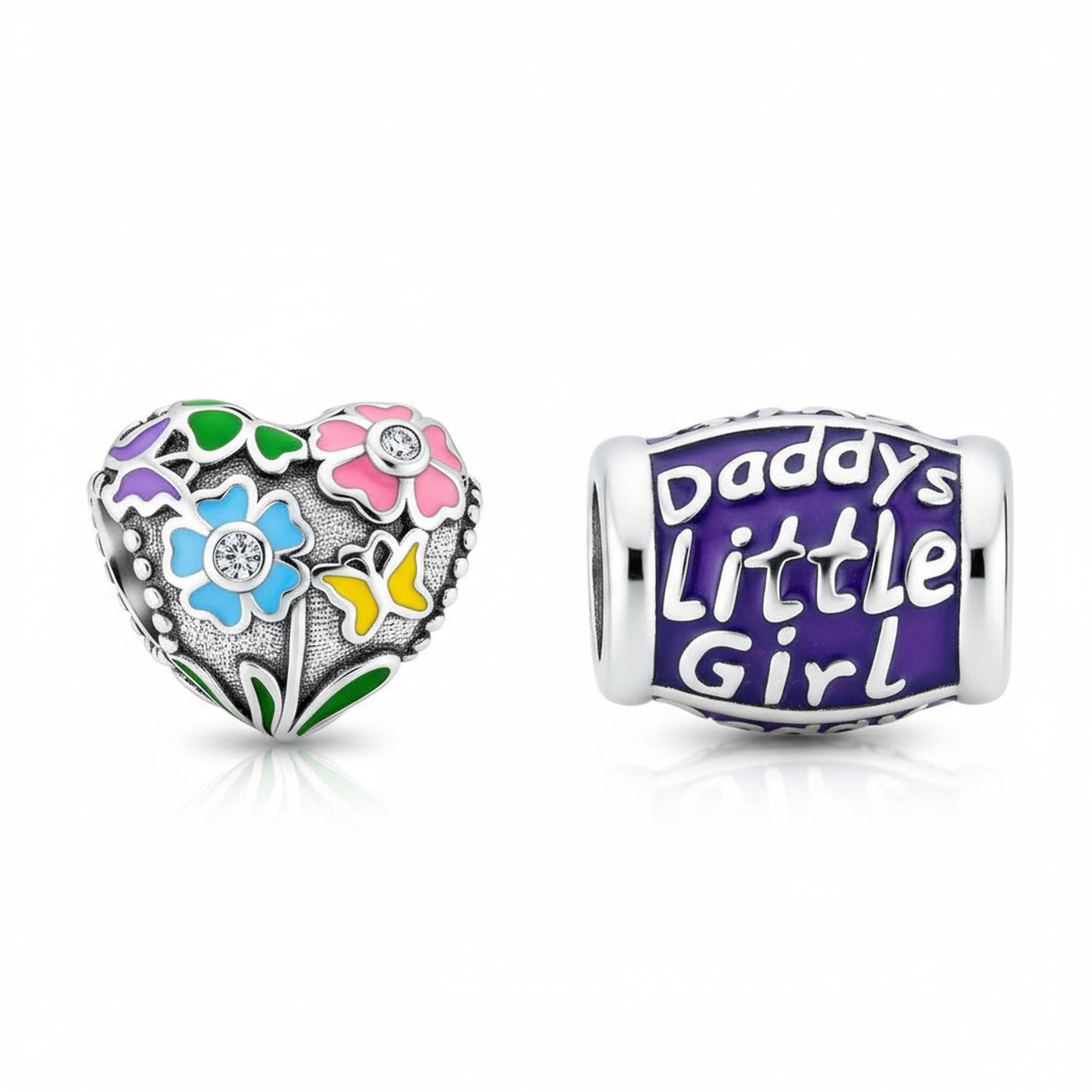 Set of 2 Floral Heart & Daddy's Little Girl Charm Bead Sterling Silver