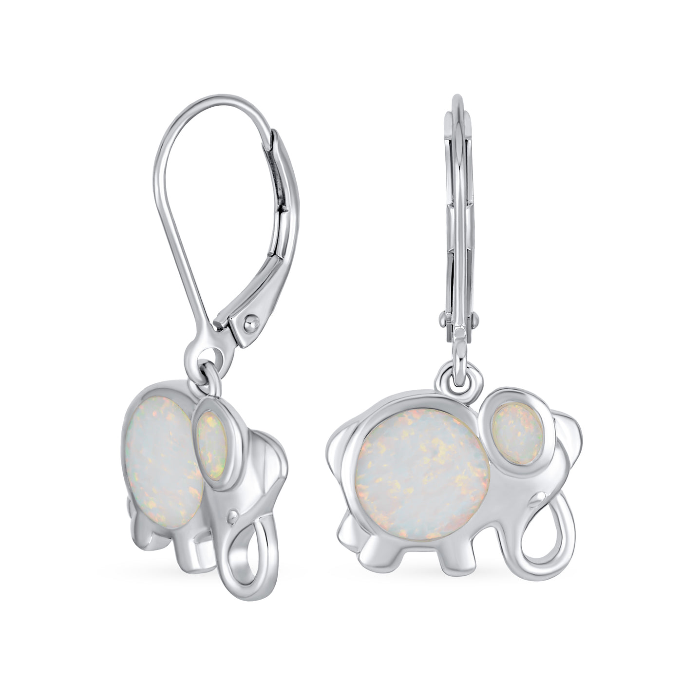 Created White Opal Wise Lover Elephant Dangle Earrings Sterling Silver