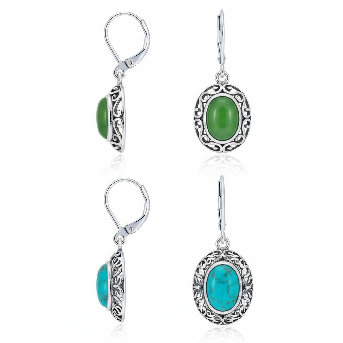 Set of 2 Blue Turquoise & Dyed Green Quartz Dangle Earrings Lever Back Silver