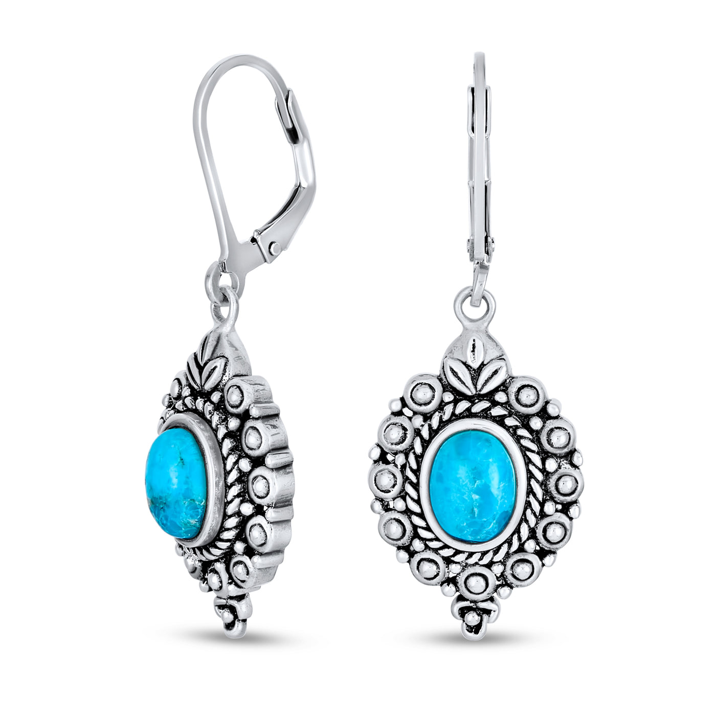 Western Style Oval Filigree Blue Turquoise Gemstone Dangle Earrings Silver