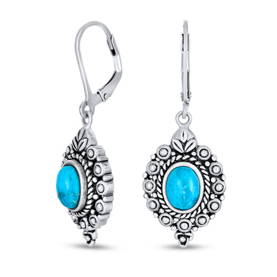 Western Style Oval Filigree Blue Turquoise Gemstone Dangle Earrings Silver