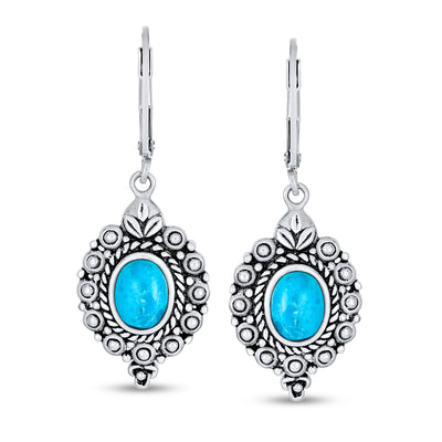 Western Style Oval Filigree Blue Turquoise Gemstone Dangle Earrings Silver