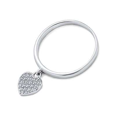 Delicate .925 Sterling Silver Pave Dangle Heart Charm Ring 1MM Band