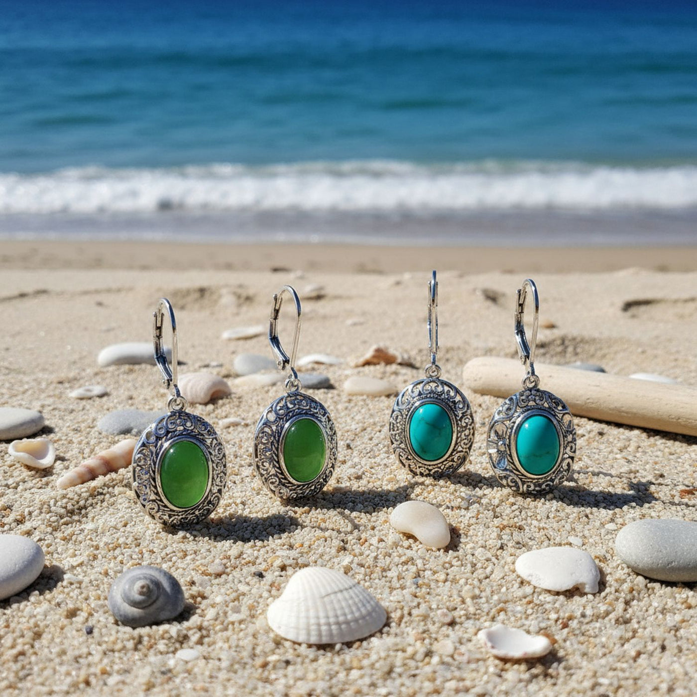 Set of 2 Blue Turquoise & Dyed Green Quartz Dangle Earrings Lever Back Silver