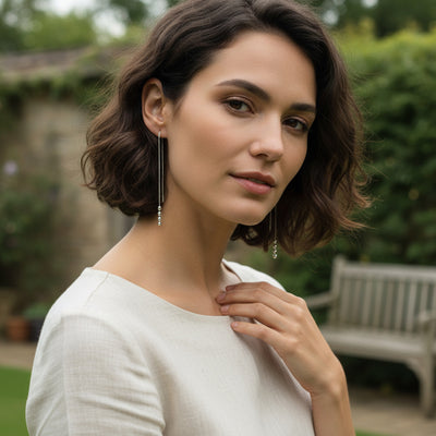 Set of 2 Minimalist Long Chain Wire Hook Dangle Earrings 3 Pearls 4 Bead Balls