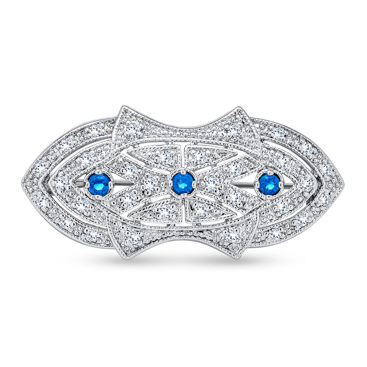 Art Deco Style Brooch Pin For Women Blue Clear CZ Imitation Sapphire