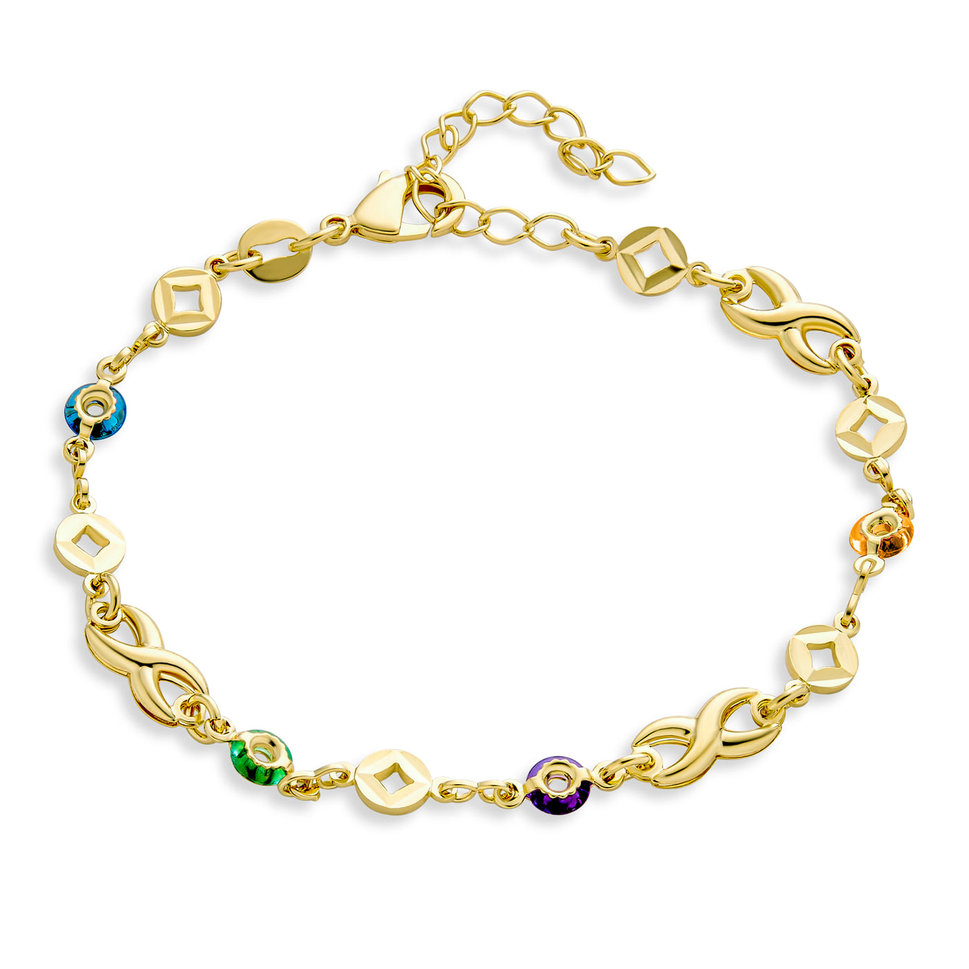 Alternating Jewel Tone Love Infinity Anklet 18K Gold Plated 10 Inch