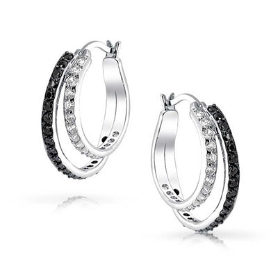 Black White Circle Pave CZ Prom Double Hoop Earrings Silver Plated