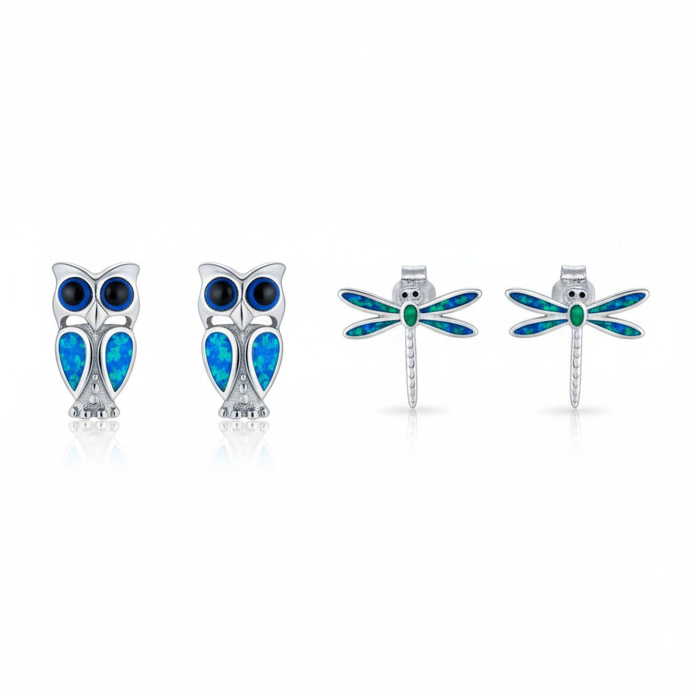 Set of 2 Created Blue Opal Dragonfly & Owl Stud Earrings Sterling Silver