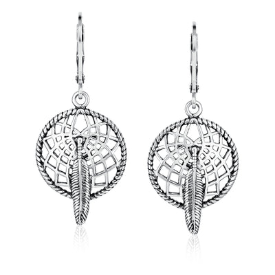 Native American Style Feather Dream Catcher Earrings Sterling Silver