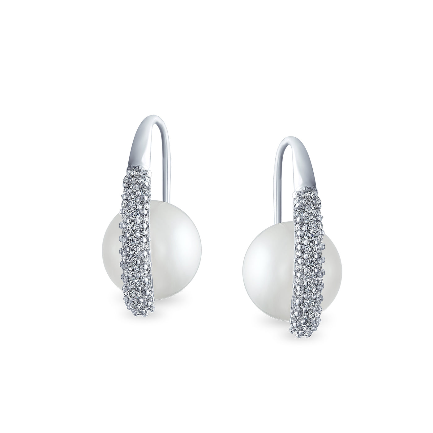 Bridal White CZ Wire Threader Imitation Pearl Earrings Silver Plated