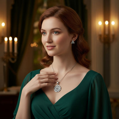 Celtic Knot Necklace & Trinity Infinity Stud Earrings Set Oxidized Silver