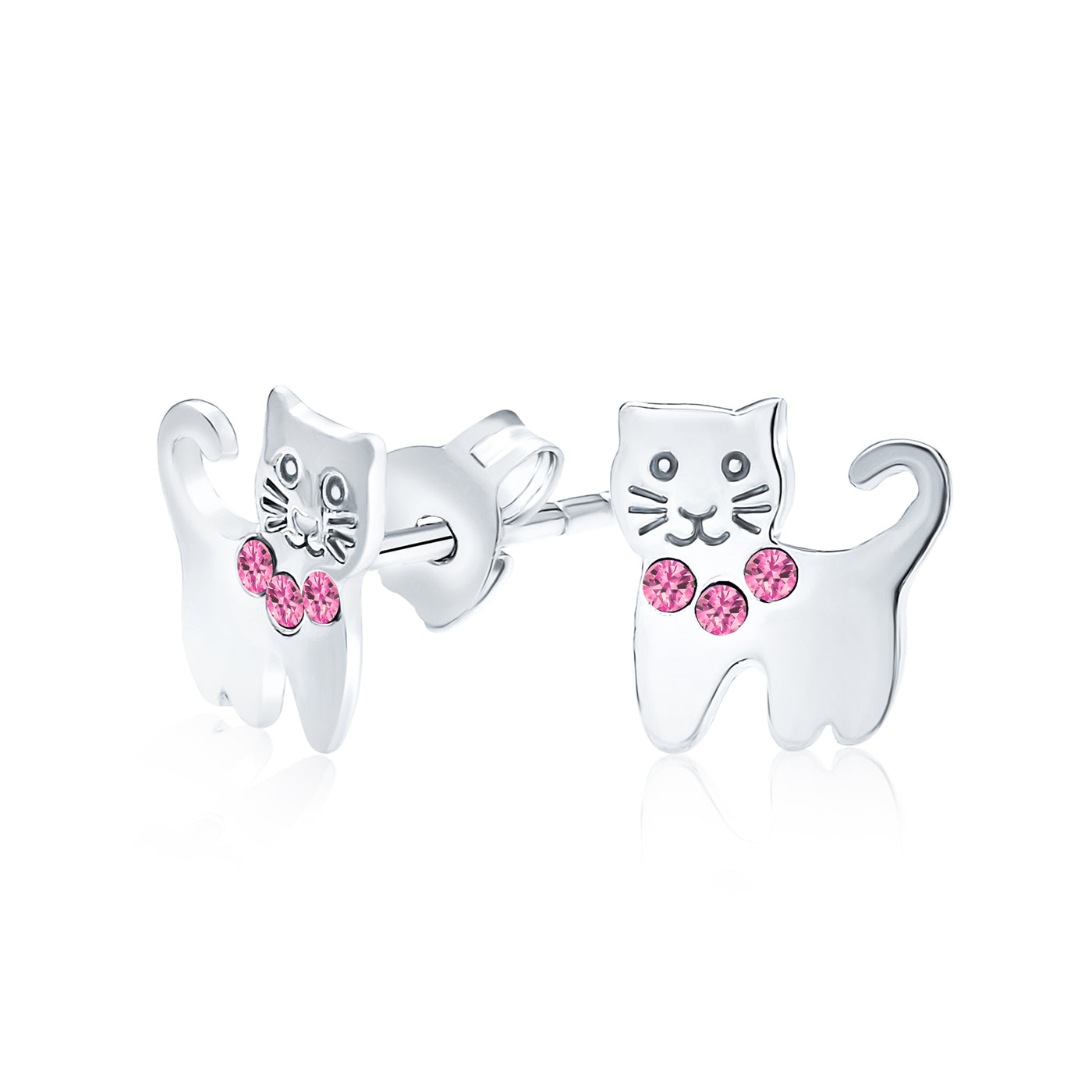 Set of 2 Pet Cat Kitty Pink CZ Dangle & Crystal Stud Earrings Sterling Silver