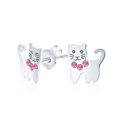 Set of 2 Pet Cat Kitty Pink CZ Dangle & Crystal Stud Earrings Sterling Silver