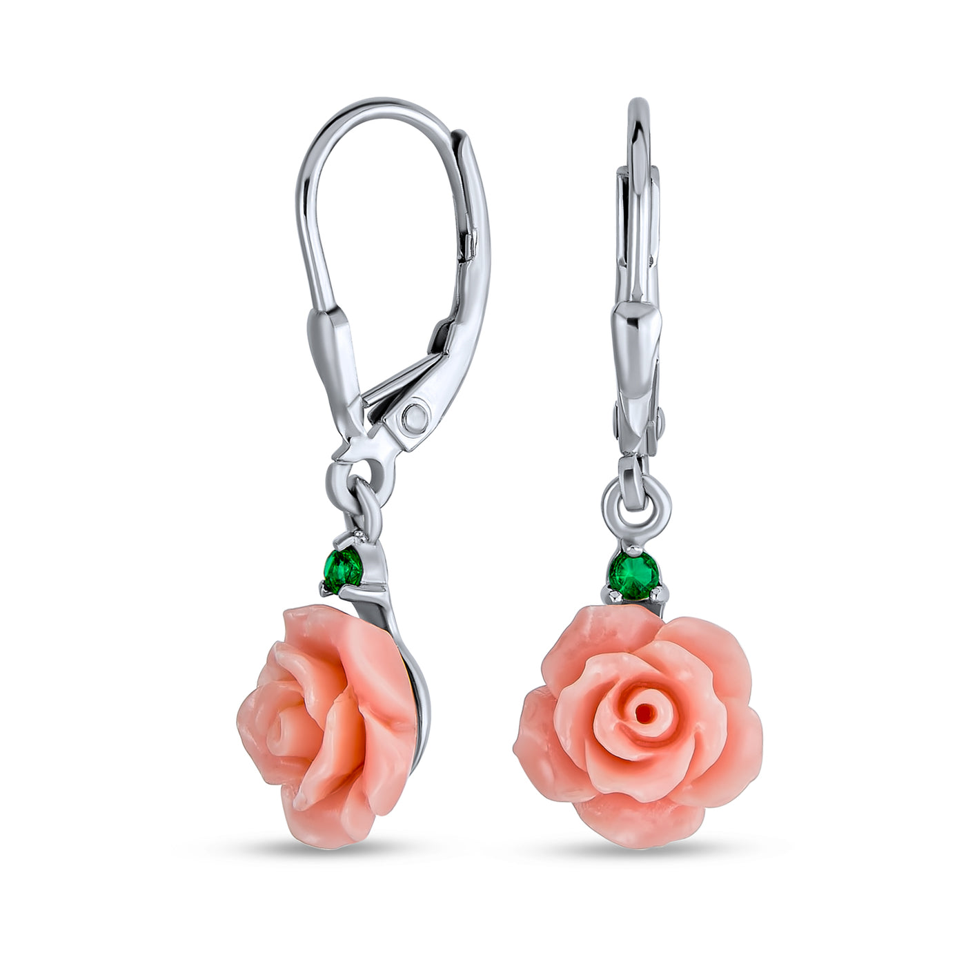 3D Pink Rose Green CZ Pendant Necklace & Lever back Dangle Earrings Set Silver