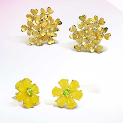 Lemon Yellow Quartz Garden Flower Green CZ Stud Earrings Gold Plated