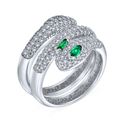 Egyptian Style CZ Emerald Green Eye Bypass Wrap Serpent Snake Ring