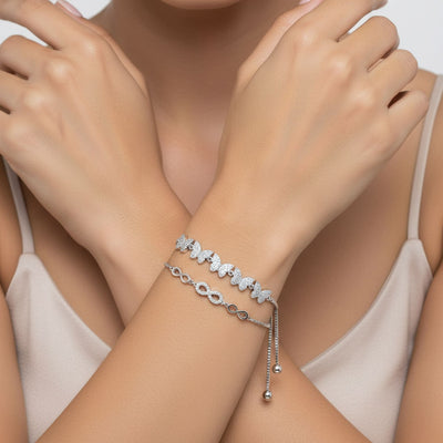 Set of 2 Butterfly & Love Knot CZ Bolo Bracelet Set Sterling Silver Adjustable