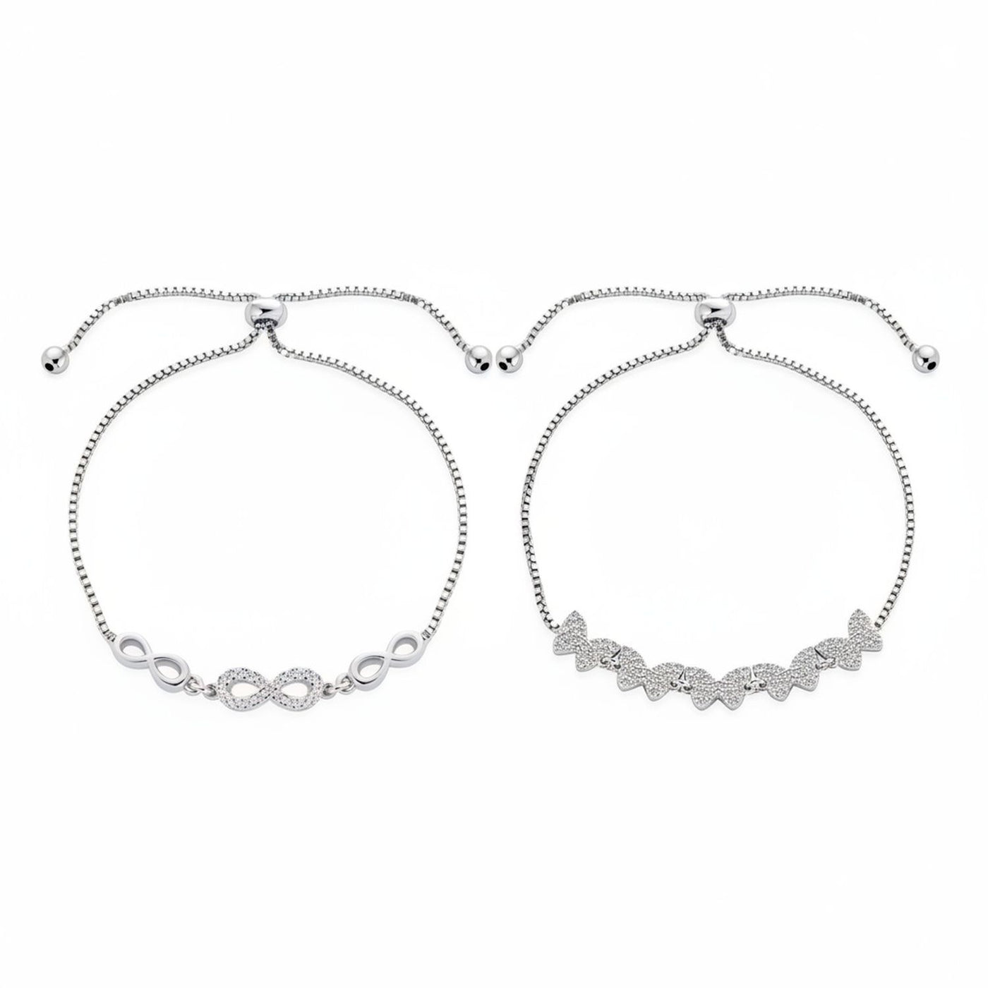 Set of 2 Butterfly & Love Knot CZ Bolo Bracelet Set Sterling Silver Adjustable