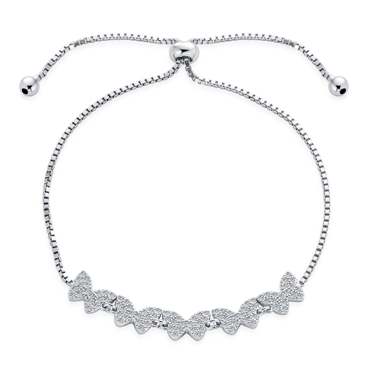 Set of 2 Butterfly & Love Knot CZ Bolo Bracelet Set Sterling Silver Adjustable