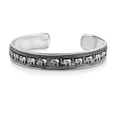 Bali Style Elephant Cuff Bracelet in Oxidized Sterling Silver for Good Luck - Bling Jewelry