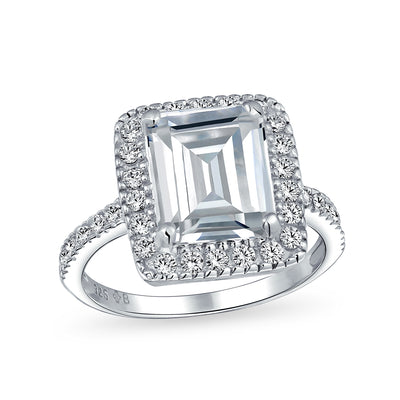 5CT Emerald Cut CZ Halo Engagement Ring Thin Pave Band