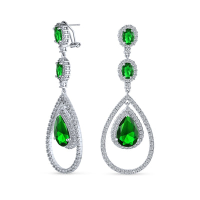 Set of 2 Art Deco Wedding Gemstone Clear & Green CZ Dangle Chandelier Earrings
