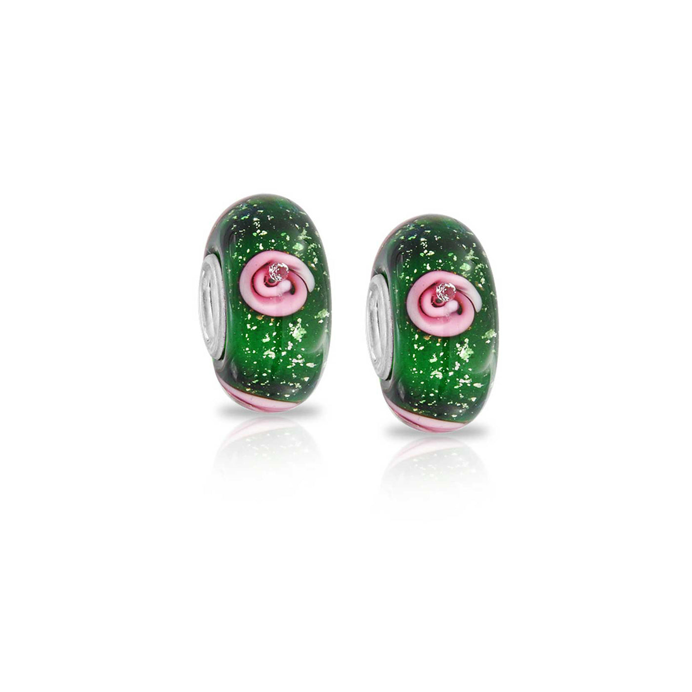 Set of 2 Murano Glass Charm Bead Sterling Silver Core Floral Blue Pink Green