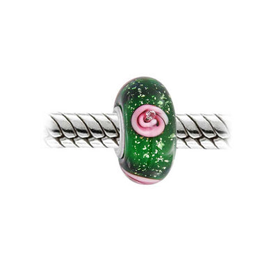 Set of 2 Murano Glass Charm Bead Sterling Silver Core Floral Blue Pink Green