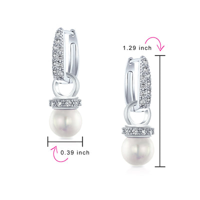 Bridal Imitation White Pearl Drop CZ Hoop Earring Silver Plated